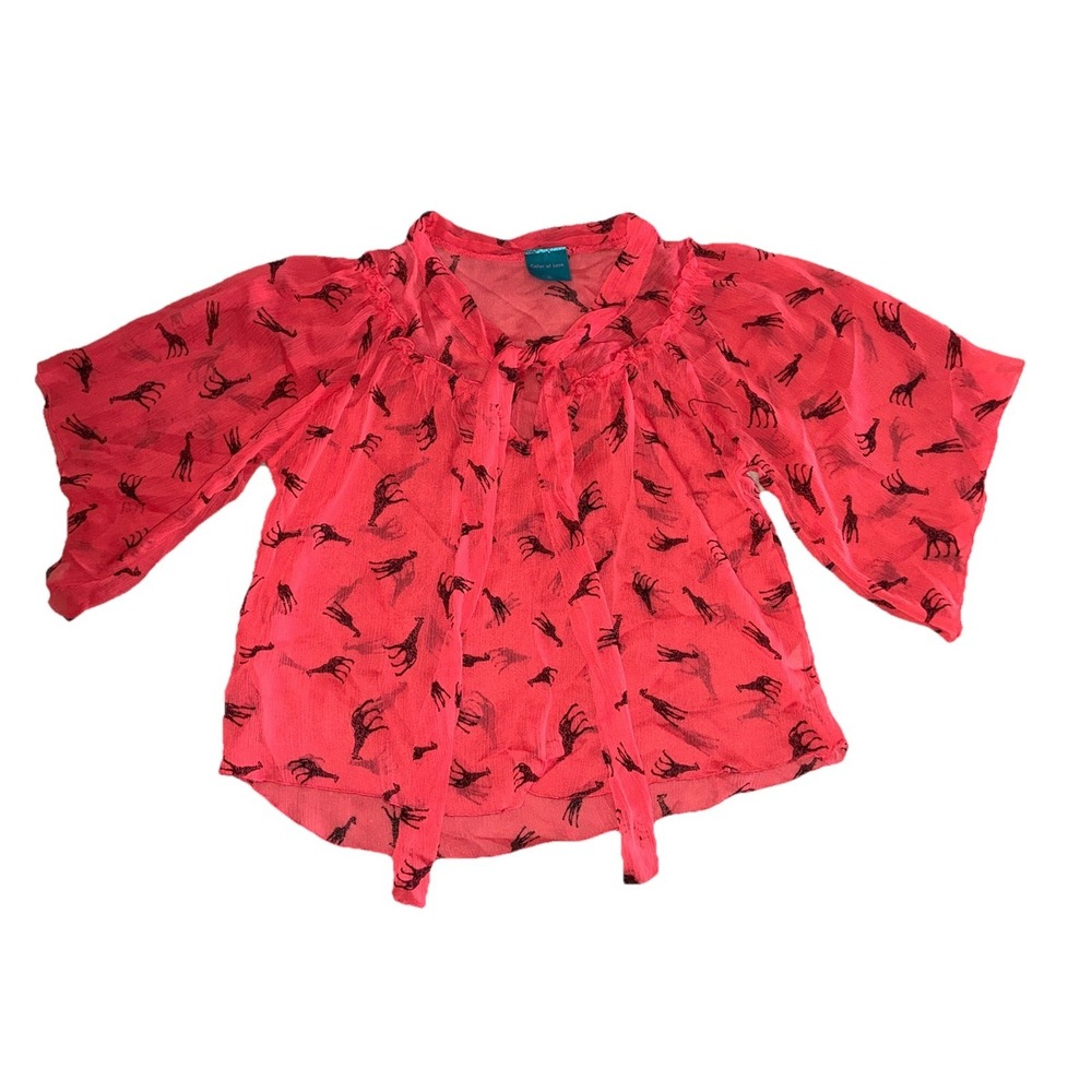 Color Of Love Top Women's L Pink Tie Bib Collar Giraffe Safari USA Vintage *flaw